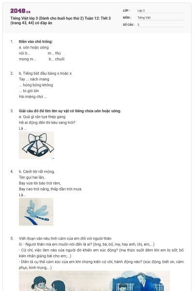 Tiếng Việt lớp 3 (Dành cho buổi học thứ 2) Tuần 12: Tiết 3 (trang 43, 44) có đáp án