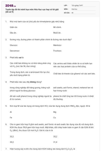 Tuyển tập đề thi minh họa môn Hóa Học cực hay có lời giải (đề số 9)