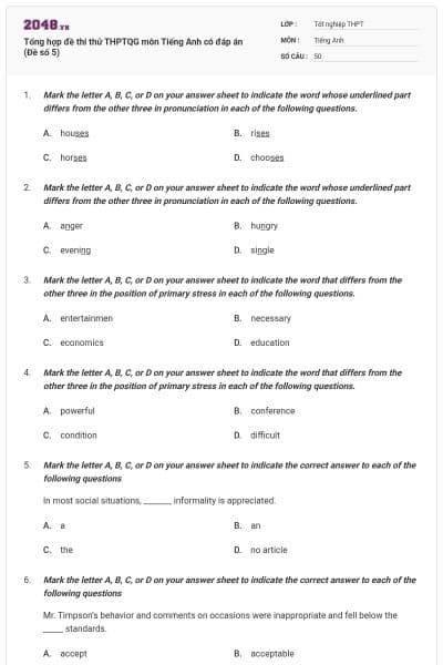 Tổng hợp đề thi thử THPTQG môn Tiếng Anh có đáp án (Đề số 5)