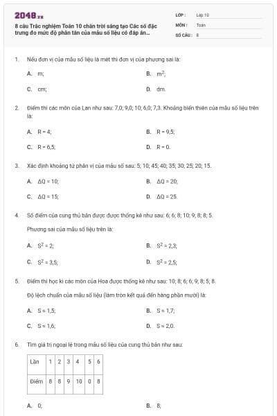 8 câu Trắc nghiệm Toán 10 chân trời sáng tạo Các số đặc trưng đo mức độ phân tán của mẫu số liệu có đáp án (Phần 2) (Thông hiểu)