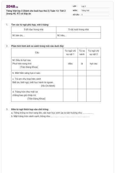 Tiếng Việt lớp 3 (Dành cho buổi học thứ 2) Tuần 13: Tiết 2 (trang 46, 47) có đáp án