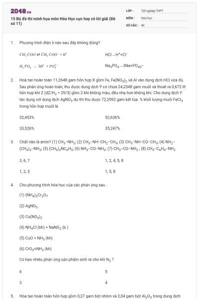 15 Bộ đề thi minh họa môn Hóa Học cực hay có lời giải (Đề số 11)