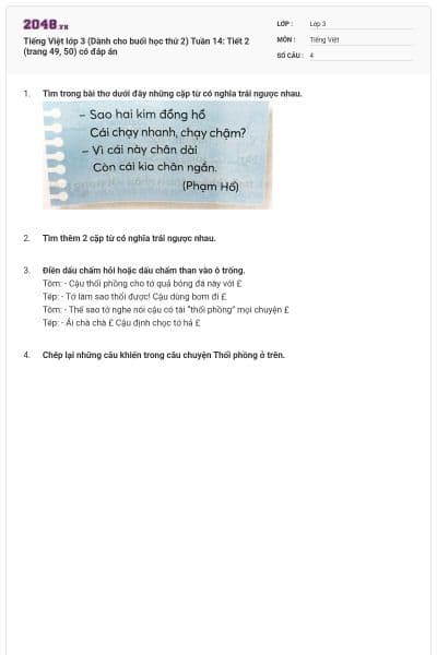 Tiếng Việt lớp 3 (Dành cho buổi học thứ 2) Tuần 14: Tiết 2 (trang 49, 50) có đáp án