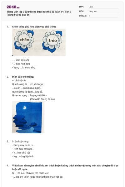 Tiếng Việt lớp 3 (Dành cho buổi học thứ 2) Tuần 14: Tiết 3 (trang 50) có đáp án