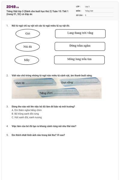 Tiếng Việt lớp 3 (Dành cho buổi học thứ 2) Tuần 15: Tiết 1 (trang 51, 52) có đáp án