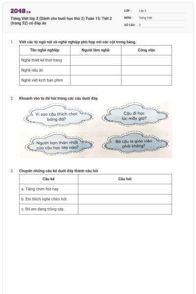 Tiếng Việt lớp 3 (Dành cho buổi học thứ 2) Tuần 15: Tiết 2 (trang 52) có đáp án