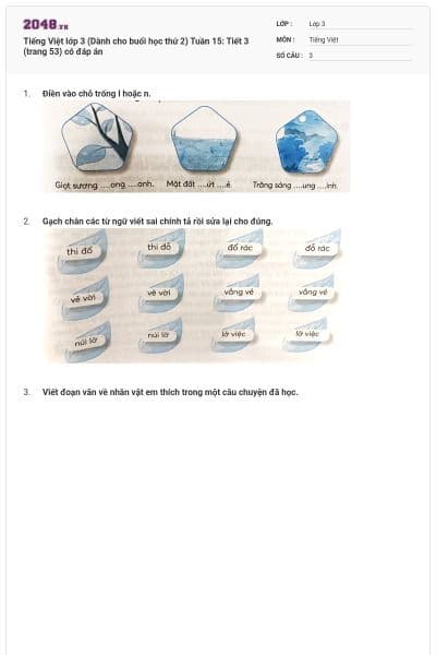 Tiếng Việt lớp 3 (Dành cho buổi học thứ 2) Tuần 15: Tiết 3 (trang 53) có đáp án
