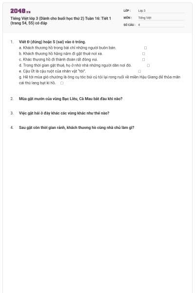 Tiếng Việt lớp 3 (Dành cho buổi học thứ 2) Tuần 16: Tiết 1 (trang 54, 55) có đáp