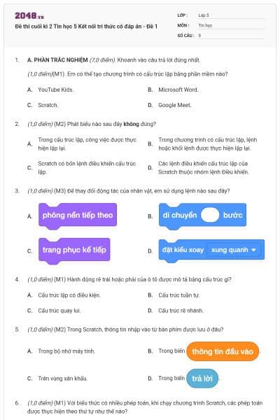 Đề thi cuối kì 2 Tin học 5 Kết nối tri thức có đáp án - Đề 1