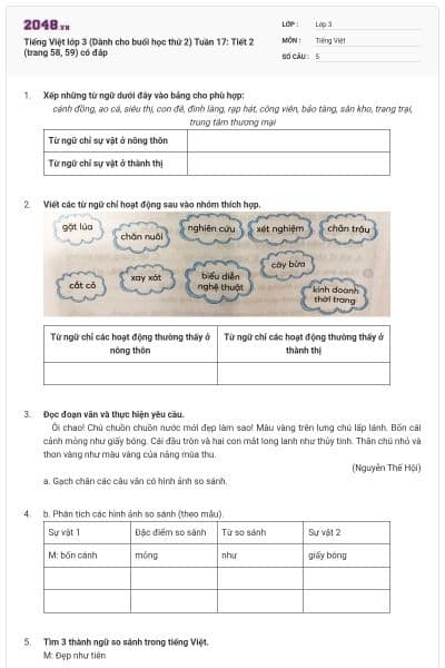 Tiếng Việt lớp 3 (Dành cho buổi học thứ 2) Tuần 17: Tiết 2 (trang 58, 59) có đáp