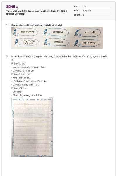 Tiếng Việt lớp 3 (Dành cho buổi học thứ 2) Tuần 17: Tiết 3 (trang 60) có đáp