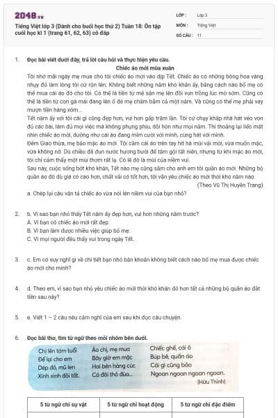 Tiếng Việt lớp 3 (Dành cho buổi học thứ 2) Tuần 18: Ôn tập cuối học kì 1 (trang 61, 62, 63) có đáp