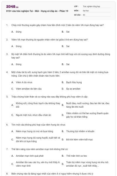 810+ câu trắc nghiệm Tai - Mũi - Họng có đáp án - Phần 19