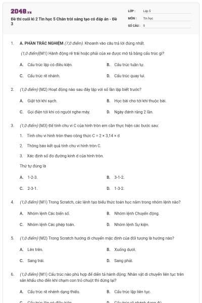 Đề thi cuối kì 2 Tin học 5 Chân trời sáng tạo có đáp án - Đề 3