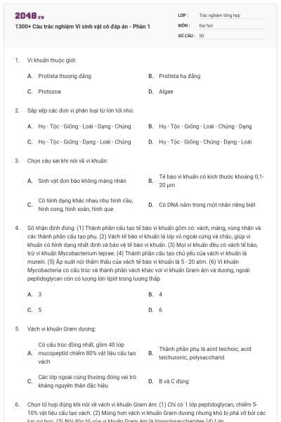 1300+ Câu trắc nghiệm Vi sinh vật có đáp án - Phần 1