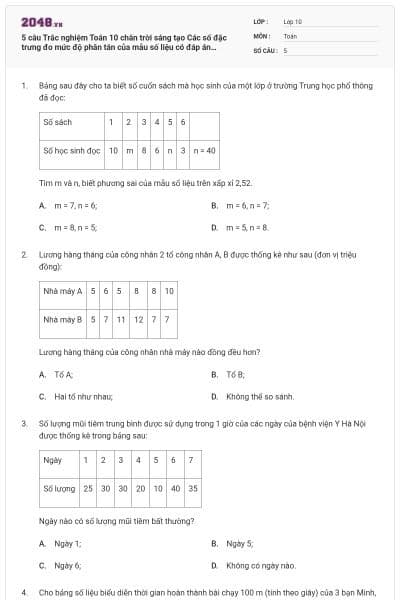 5 câu Trắc nghiệm Toán 10 chân trời sáng tạo Các số đặc trưng đo mức độ phân tán của mẫu số liệu có đáp án (Phần 2) (Vận dụng)