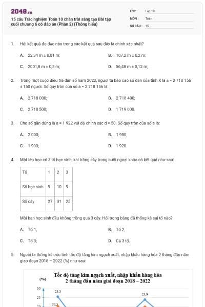 15 câu Trắc nghiệm Toán 10 chân trời sáng tạo Bài tập cuối chương 6 có đáp án (Phần 2) (Thông hiểu)