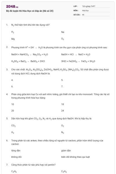 Bộ đề luyện thi Hóa Học có đáp án (Đề số 20)