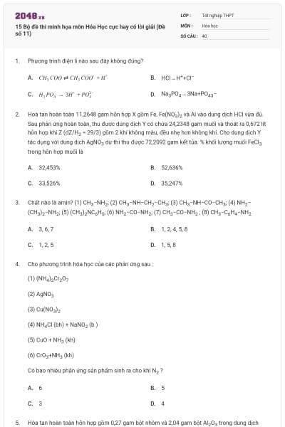 15 Bộ đề thi minh họa môn Hóa Học cực hay có lời giải (Đề số 11)