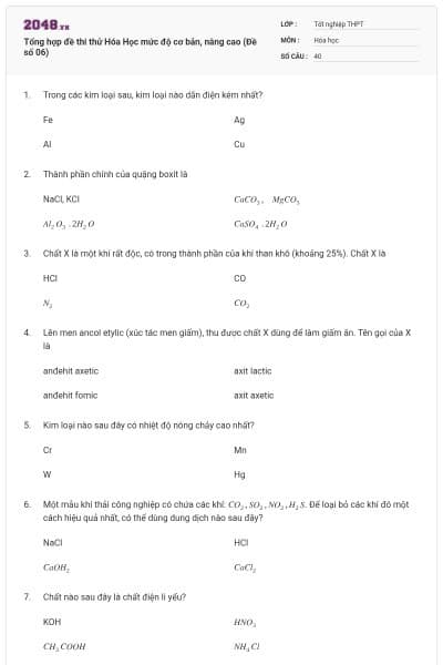Tổng hợp đề thi thử Hóa Học mức độ cơ bản, nâng cao (Đề số 06)