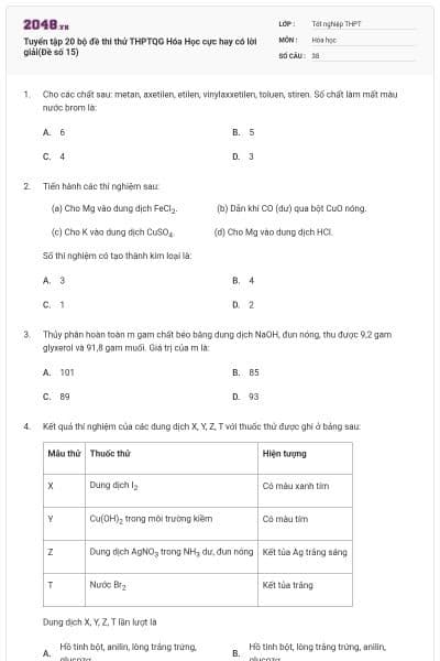 Tuyển tập 20 bộ đề thi thử THPTQG Hóa Học cực hay có lời giải(Đề số 15)