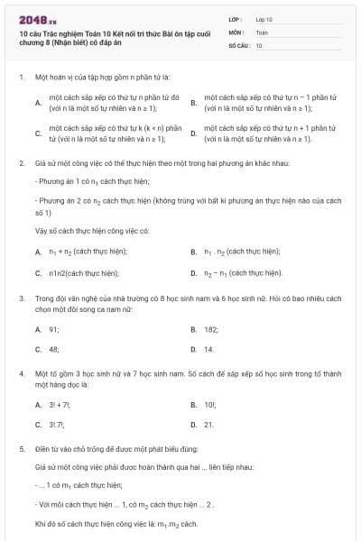 10 câu Trắc nghiệm Toán 10 Kết nối tri thức Bài ôn tập cuối chương 8 (Nhận biết) có đáp án