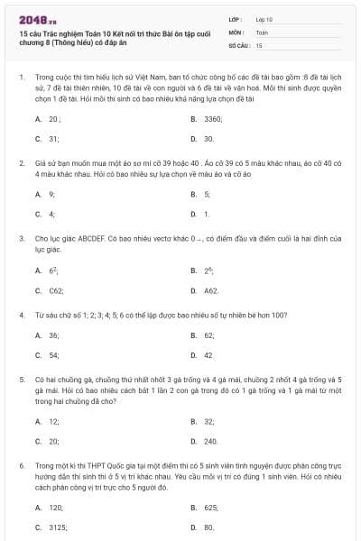 15 câu Trắc nghiệm Toán 10 Kết nối tri thức Bài ôn tập cuối chương 8 (Thông hiểu) có đáp án