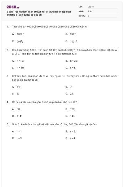 5 câu Trắc nghiệm Toán 10 Kết nối tri thức Bài ôn tập cuối chương 8 (Vận dụng) có đáp án