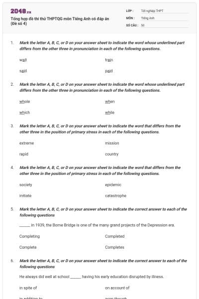 Tổng hợp đề thi thử THPTQG môn Tiếng Anh có đáp án (Đề số 4)