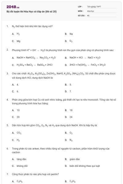 Bộ đề luyện thi Hóa Học có đáp án (Đề số 20)