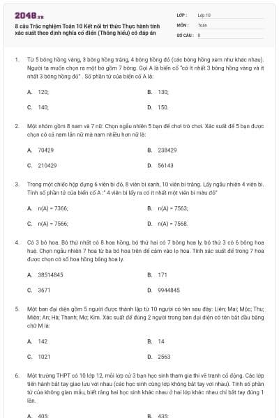 8 câu Trắc nghiệm Toán 10 Kết nối tri thức Thực hành tính xác suất theo định nghĩa cổ điển (Thông hiểu) có đáp án