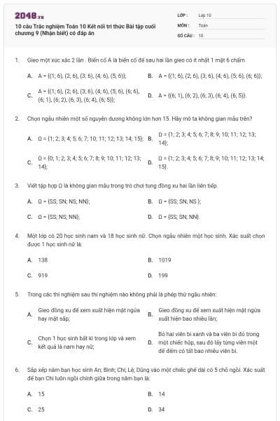 10 câu Trắc nghiệm Toán 10 Kết nối tri thức Bài tập cuối chương 9 (Nhận biết) có đáp án