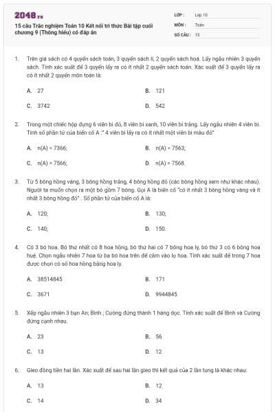 15 câu Trắc nghiệm Toán 10 Kết nối tri thức Bài tập cuối chương 9 (Thông hiểu) có đáp án