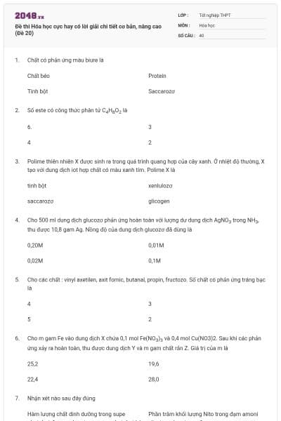 Đề thi Hóa học cực hay có lời giải chi tiết cơ bản, nâng cao (Đề 20)