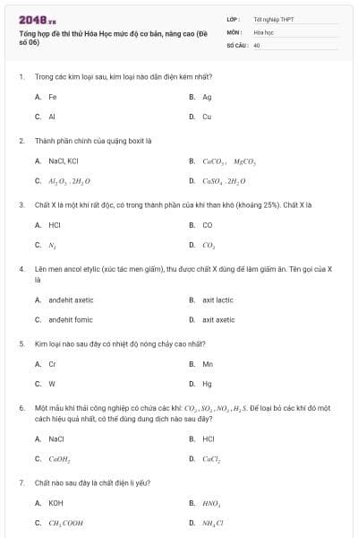 Tổng hợp đề thi thử Hóa Học mức độ cơ bản, nâng cao (Đề số 06)