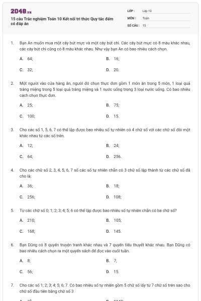 15 câu Trắc nghiệm Toán 10 Kết nối tri thức Quy tắc đếm có đáp án