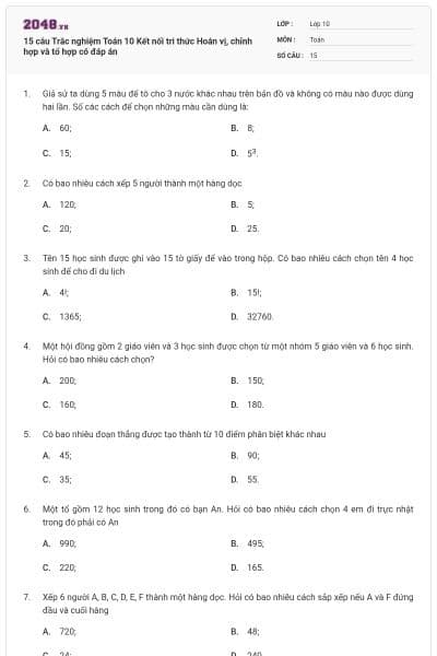 15 câu Trắc nghiệm Toán 10 Kết nối tri thức Hoán vị, chỉnh hợp và tổ hợp có đáp án