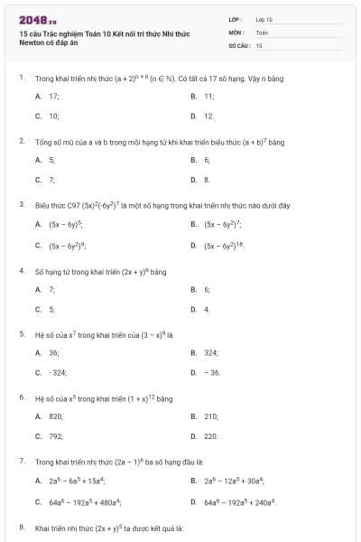 15 câu Trắc nghiệm Toán 10 Kết nối tri thức Nhi thức Newton có đáp án