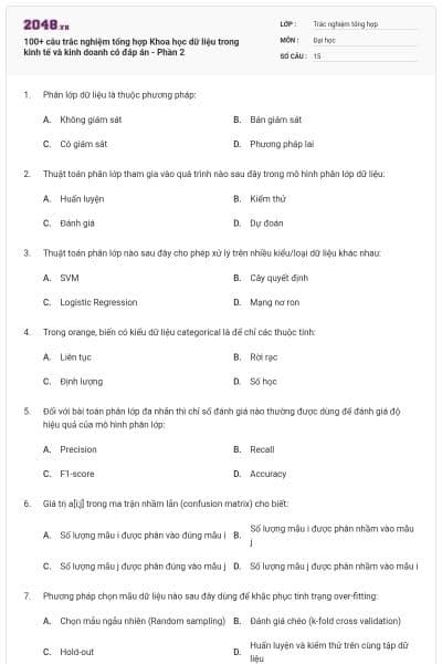100+ câu trắc nghiệm tổng hợp Khoa học dữ liệu trong kinh tế và kinh doanh có đáp án - Phần 2