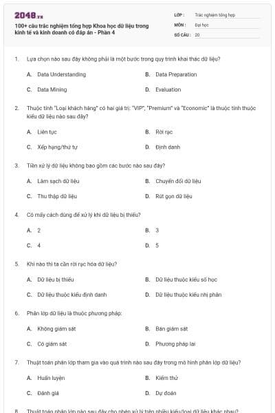 100+ câu trắc nghiệm tổng hợp Khoa học dữ liệu trong kinh tế và kinh doanh có đáp án - Phần 4