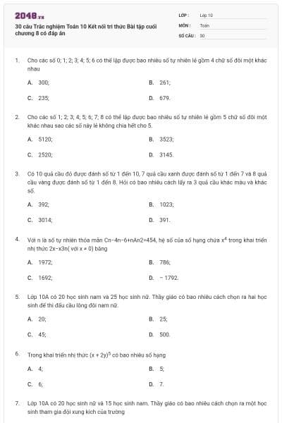 30 câu Trắc nghiệm Toán 10 Kết nối tri thức Bài tập cuối chương 8 có đáp án