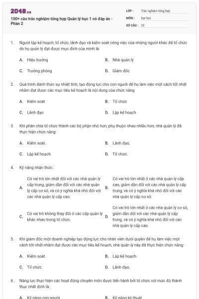 100+ câu trắc nghiệm tổng hợp Quản lý học 1 có đáp án - Phần 2