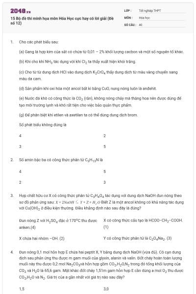 15 Bộ đề thi minh họa môn Hóa Học cực hay có lời giải (Đề số 12)
