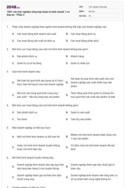 100+ câu trắc nghiệm tổng hợp Quản trị kinh doanh 1 có đáp án - Phần 2