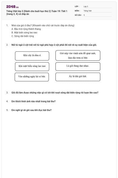 Tiếng Việt lớp 3 (Dành cho buổi học thứ 2) Tuần 19: Tiết 1 (trang 3, 4) có đáp án