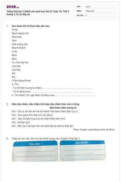 Tiếng Việt lớp 3 (Dành cho buổi học thứ 2) Tuần 19: Tiết 2 (trang 4, 5) có đáp án