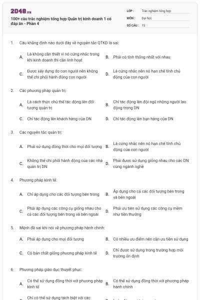 100+ câu trắc nghiệm tổng hợp Quản trị kinh doanh 1 có đáp án - Phần 4
