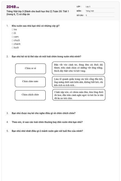 Tiếng Việt lớp 3 (Dành cho buổi học thứ 2) Tuần 20: Tiết 1 (trang 6, 7) có đáp án