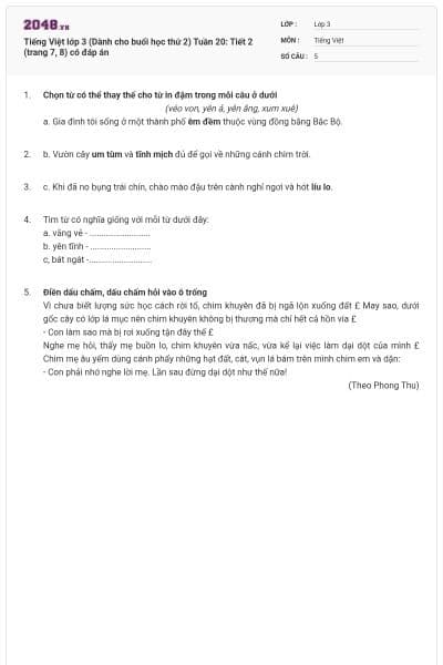 Tiếng Việt lớp 3 (Dành cho buổi học thứ 2) Tuần 20: Tiết 2 (trang 7, 8) có đáp án