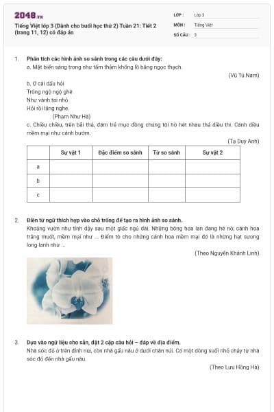 Tiếng Việt lớp 3 (Dành cho buổi học thứ 2) Tuần 21: Tiết 2 (trang 11, 12) có đáp án